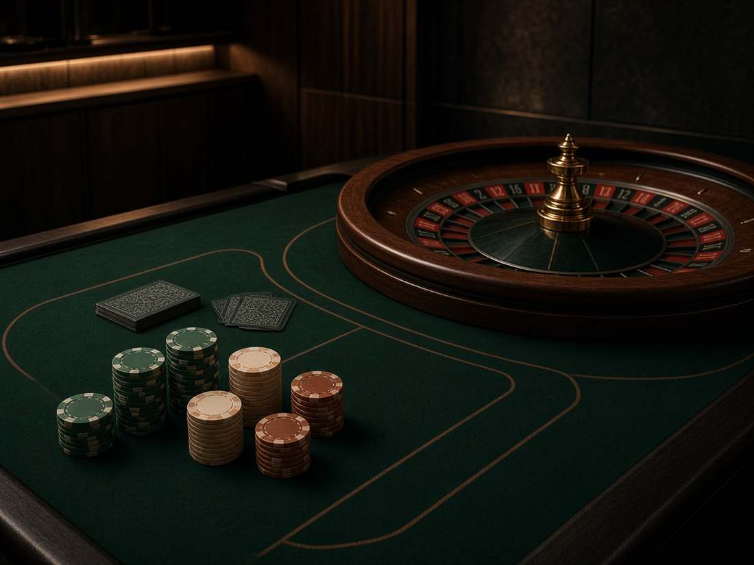 Roulette européenne et jetons sur le tapis vert d'un salon Consuiteles