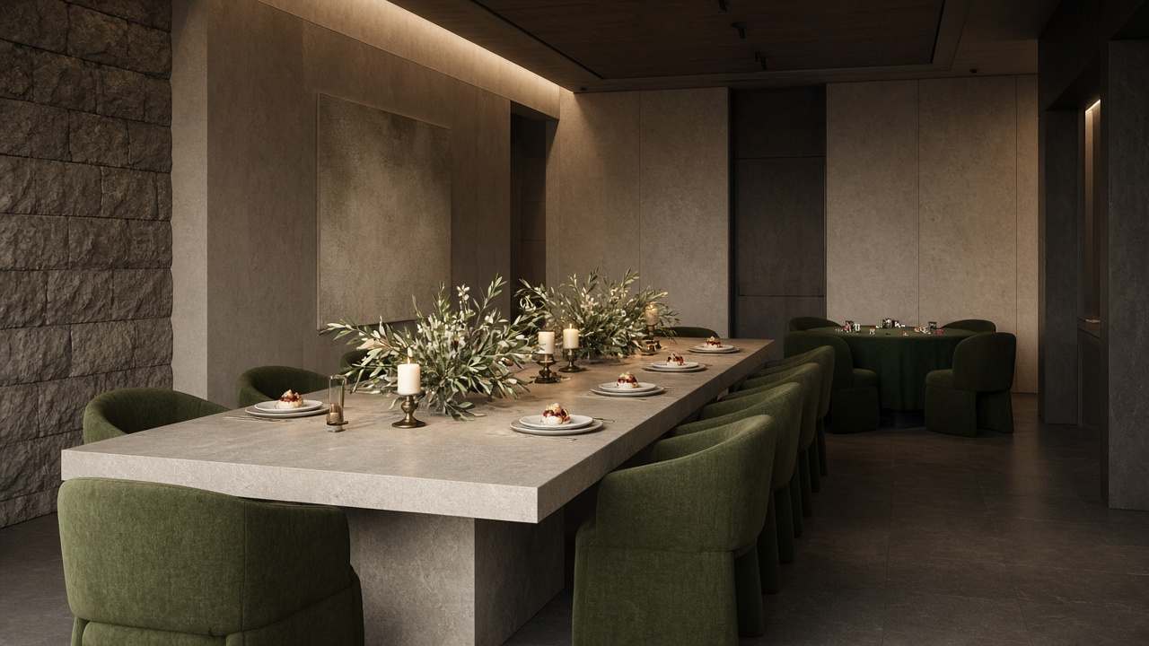 Table longue dressée pour une soirée, avec un salon de jeu au fond de la pièce